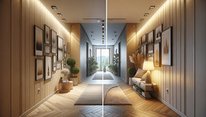 Comparaison avant-après d'un couloir domestique transformé avec galerie murale, éclairage moderne et éléments décoratifs stratégiques