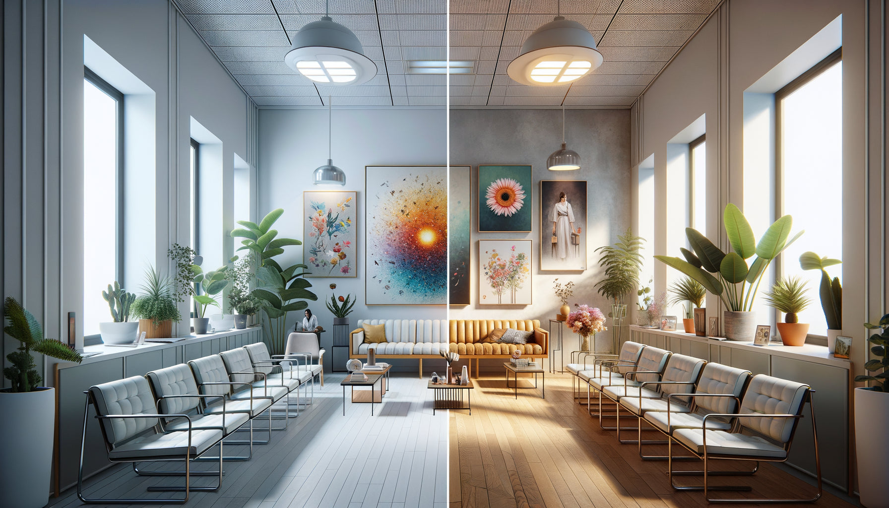 Transformation d'un espace institutionnel froid en intérieur chaleureux grâce à des tableaux décoratifs, contraste avant-après