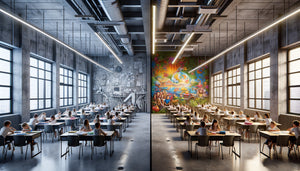 Comparaison avant-après d'une classe standardisée transformée par des tableaux inspirants et colorés