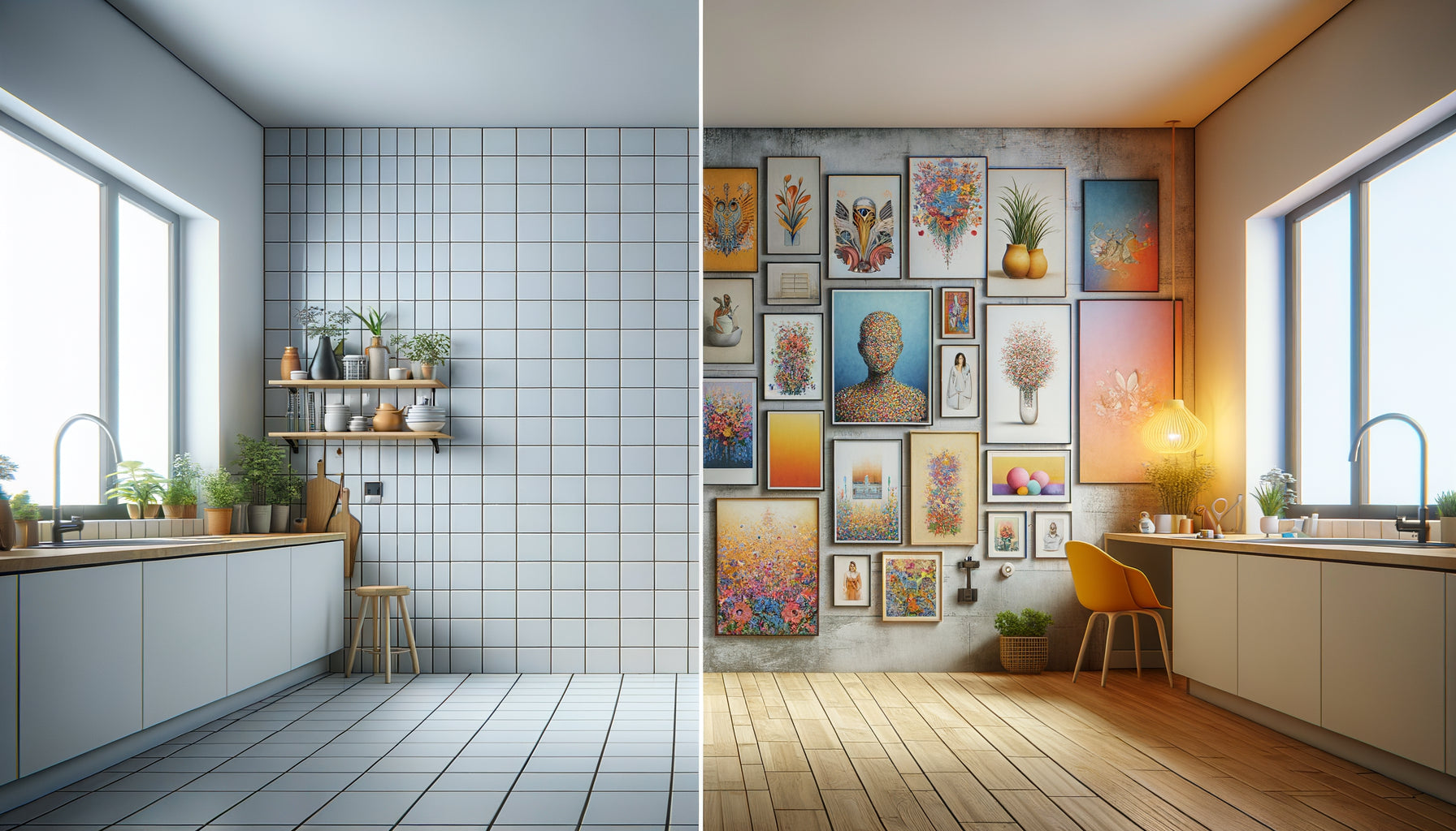 Transformation d'un mur carrelé blanc ordinaire en espace décoré avec art mural contemporain coloré et accessoire