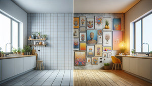 Transformation d'un mur carrelé blanc ordinaire en espace décoré avec art mural contemporain coloré et accessoire