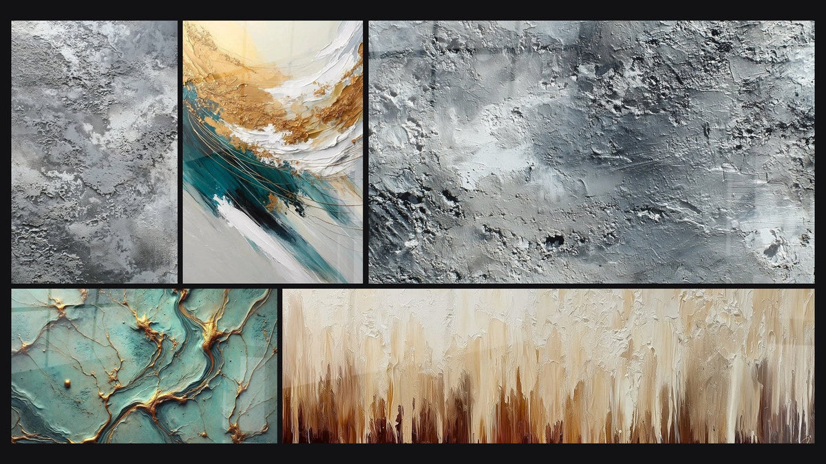 Mosaic of five paintings, including Golden Rivers, Golden Crest and Foam and Textured silver-gray abstract