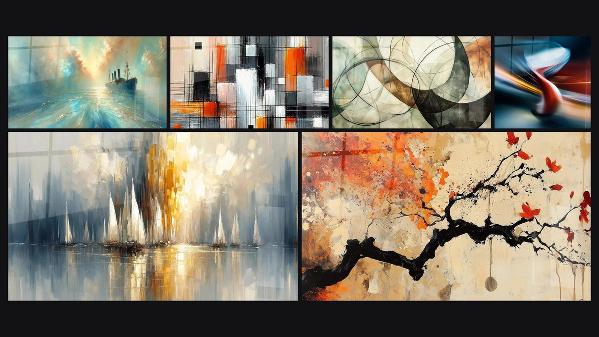 Mosaic of six paintings, including Heart of the Breeze, Mechanics of Colors and Dawn Over the Bay