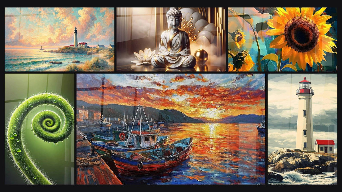 Mosaic of six paintings, including Dawn Over the Lighthouse, Spiral of Life and Marbled Peace