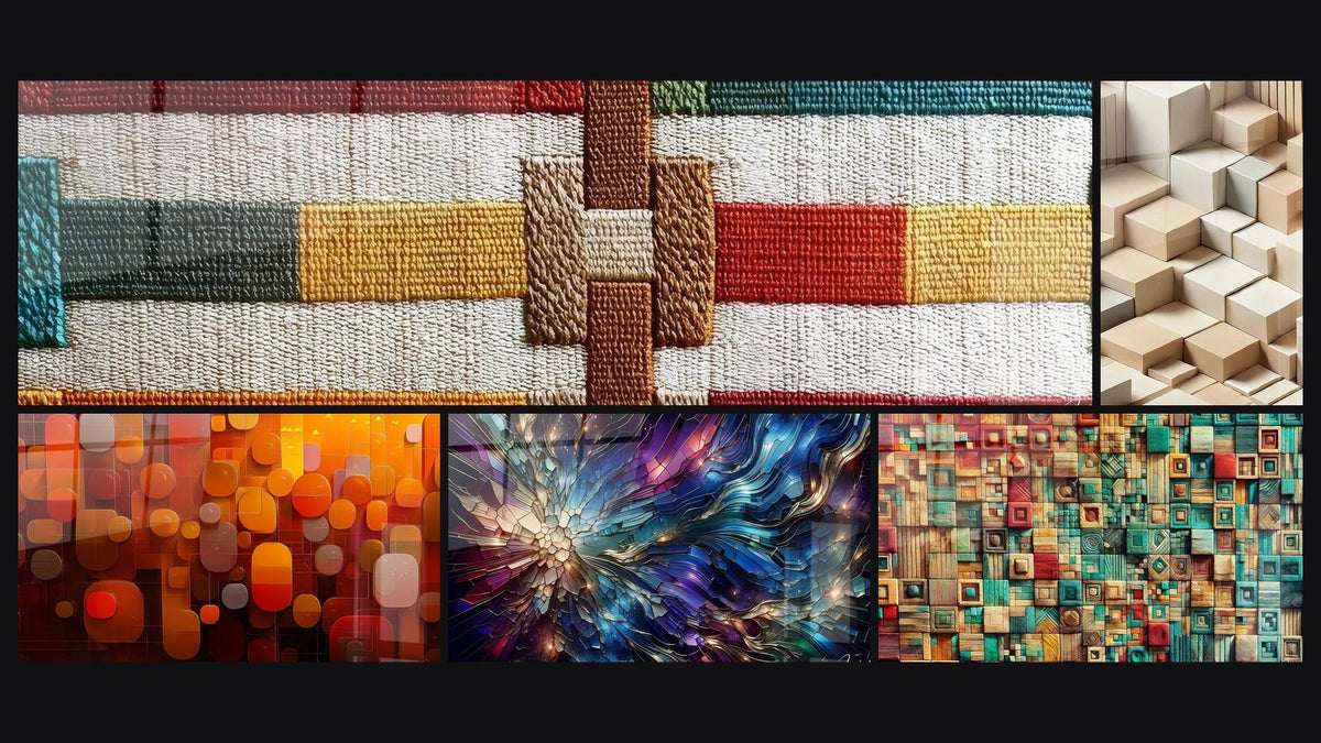 Mosaico di cinque quadri, tra cui Motivi geometrici astratti, Forme geometriche traslucide di e Bagliori di Vetrate