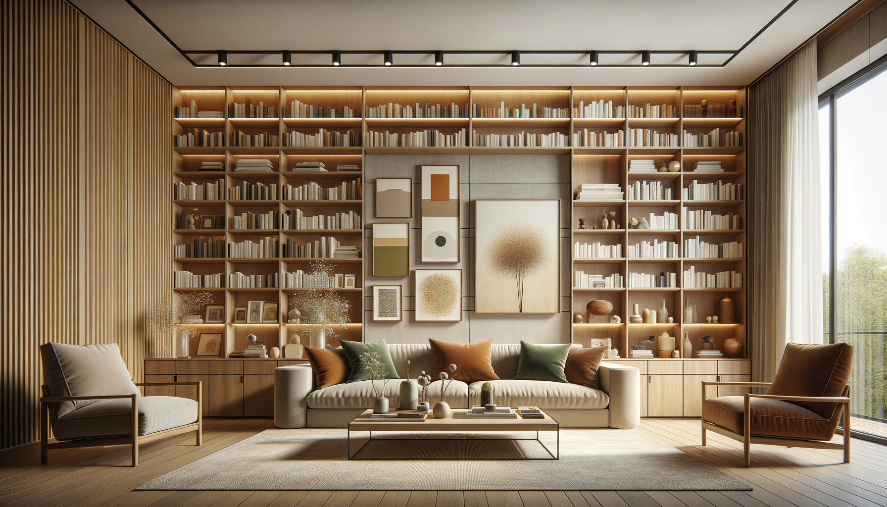 Transition harmonieuse entre bibliothèque en bois et galerie d'art mural avec éclairage stratégique et harmonie chromatique