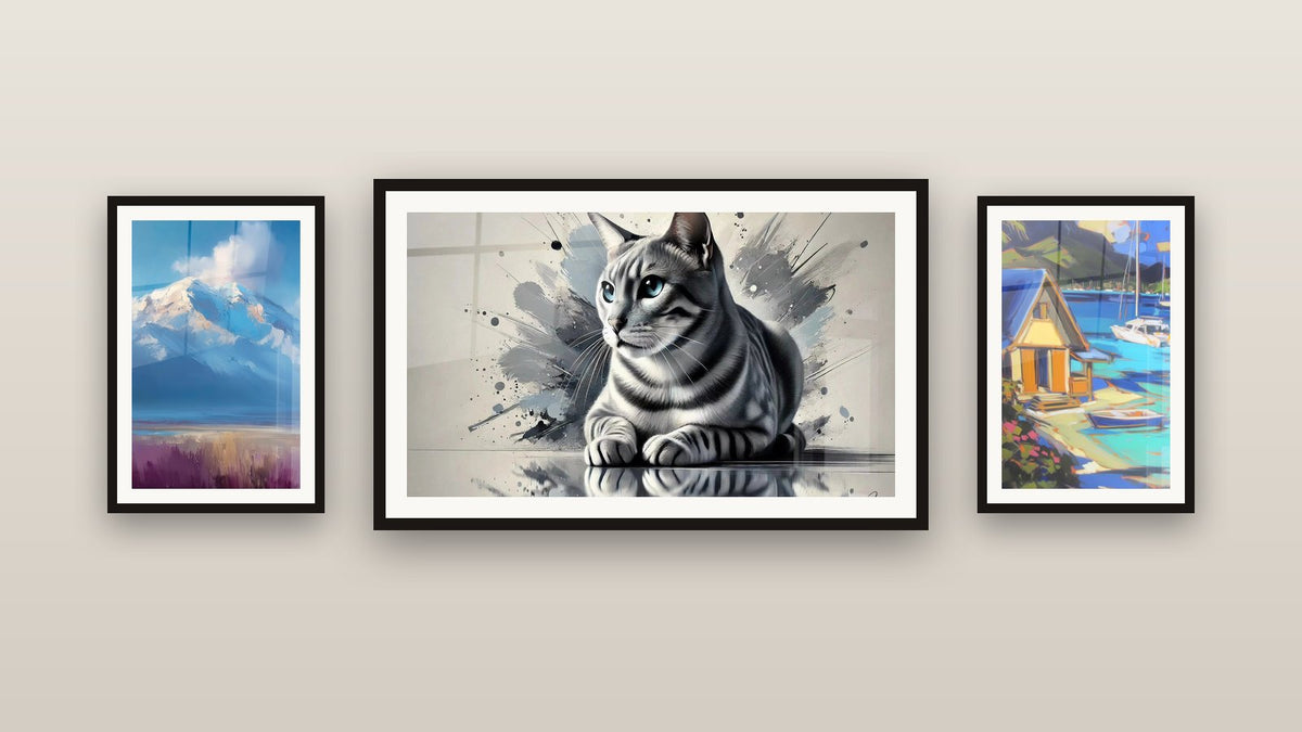 Mur de galerie avec trois tableaux encadrés : Reflet Argenté, Pic enneigé et nuages et Maison tropicale