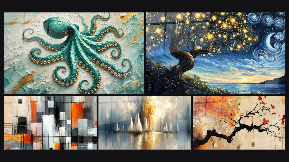 Mosaic of five paintings, including Emerald of the Abyss, Mechanics of Colors and Dawn Over the Bay