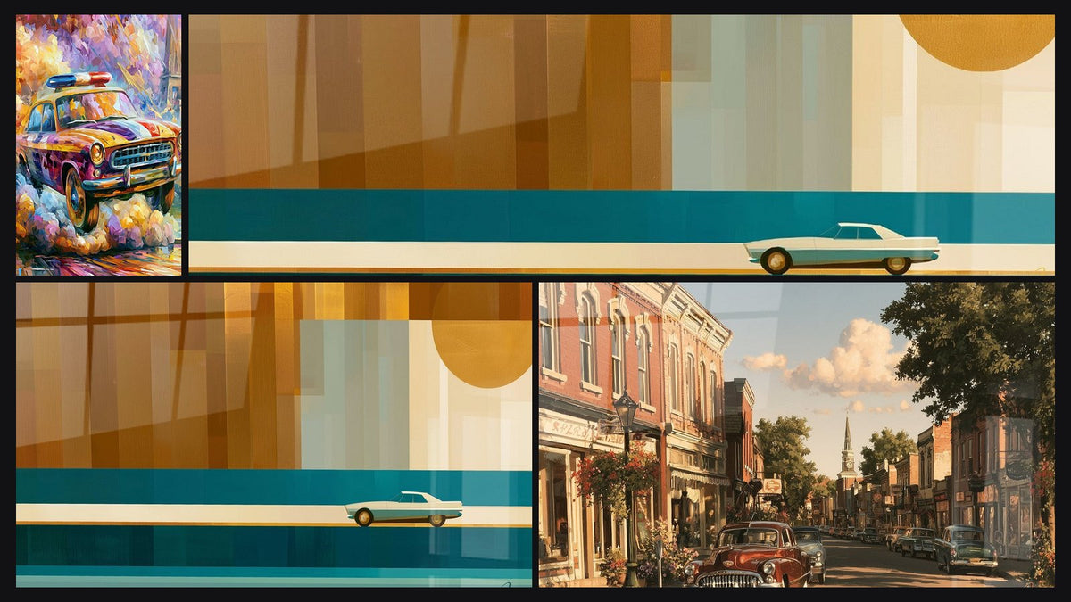 Mosaïque de quatre tableaux, dont Voiture de police jaune et violette et Rue principale voitures rouge et brique
