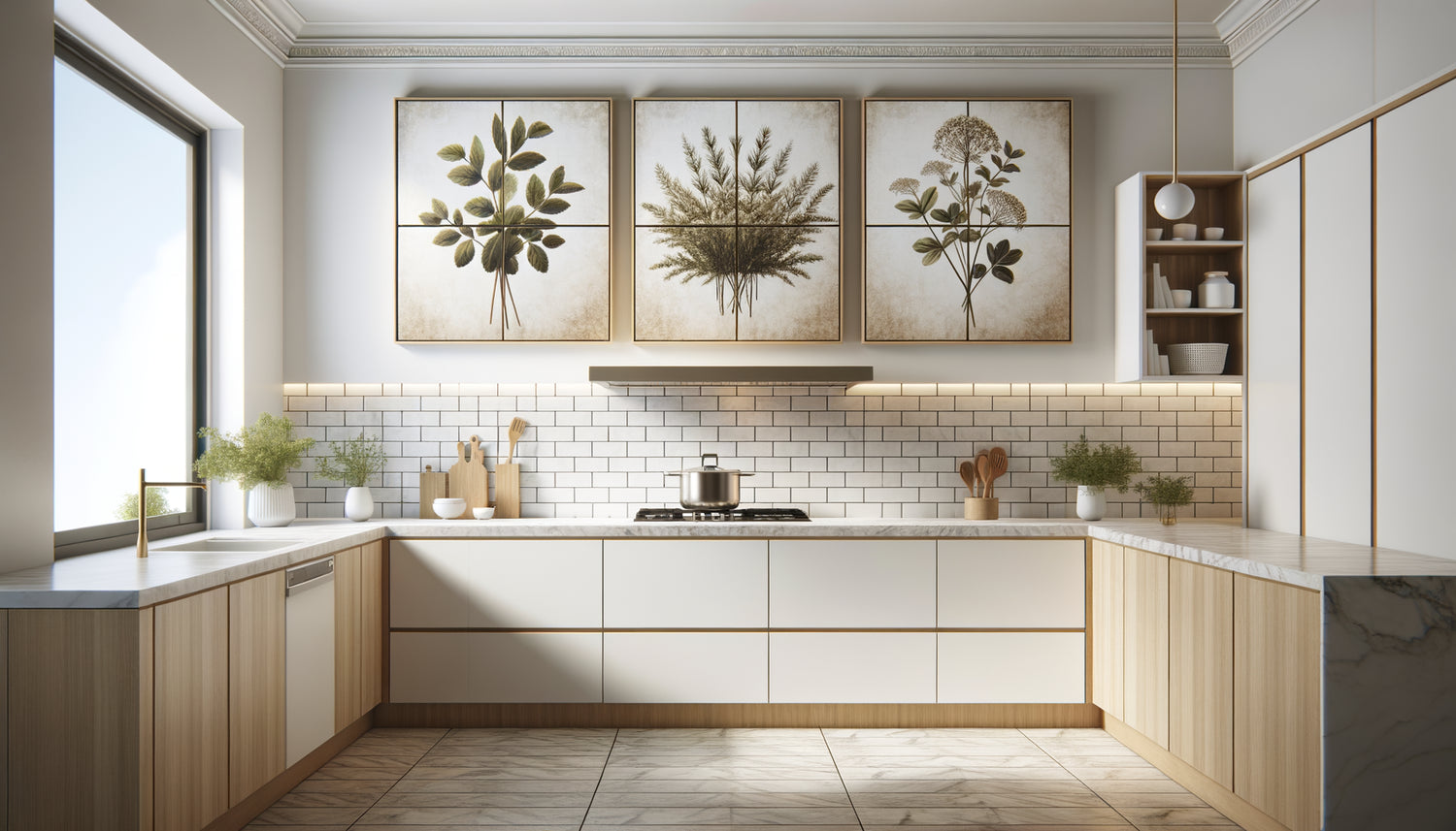 Triptyque modulaire 3x30x30cm installé dans cuisine moderne scandinave avec espacement régulier