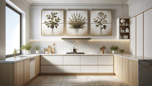 Triptyque modulaire 3x30x30cm installé dans cuisine moderne scandinave avec espacement régulier