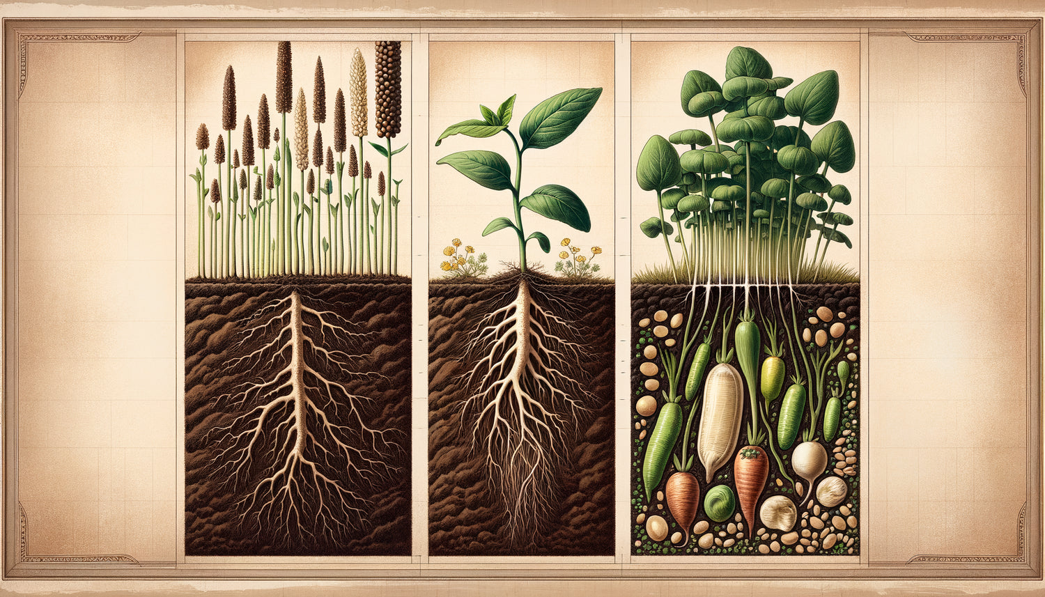 Triptyque botanique illustrant le cycle complet de germination depuis le semis jusqu'à la plante mature, style illustration scientifique vintage