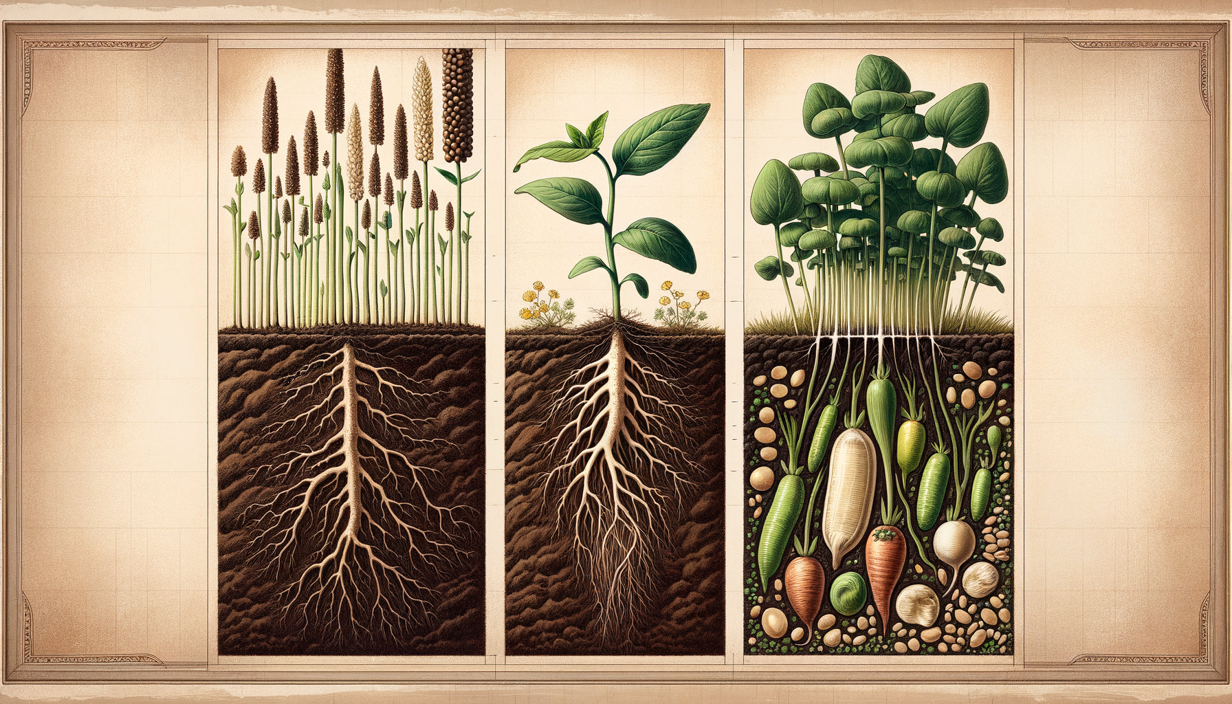 Triptyque botanique illustrant le cycle complet de germination depuis le semis jusqu'à la plante mature, style illustration scientifique vintage