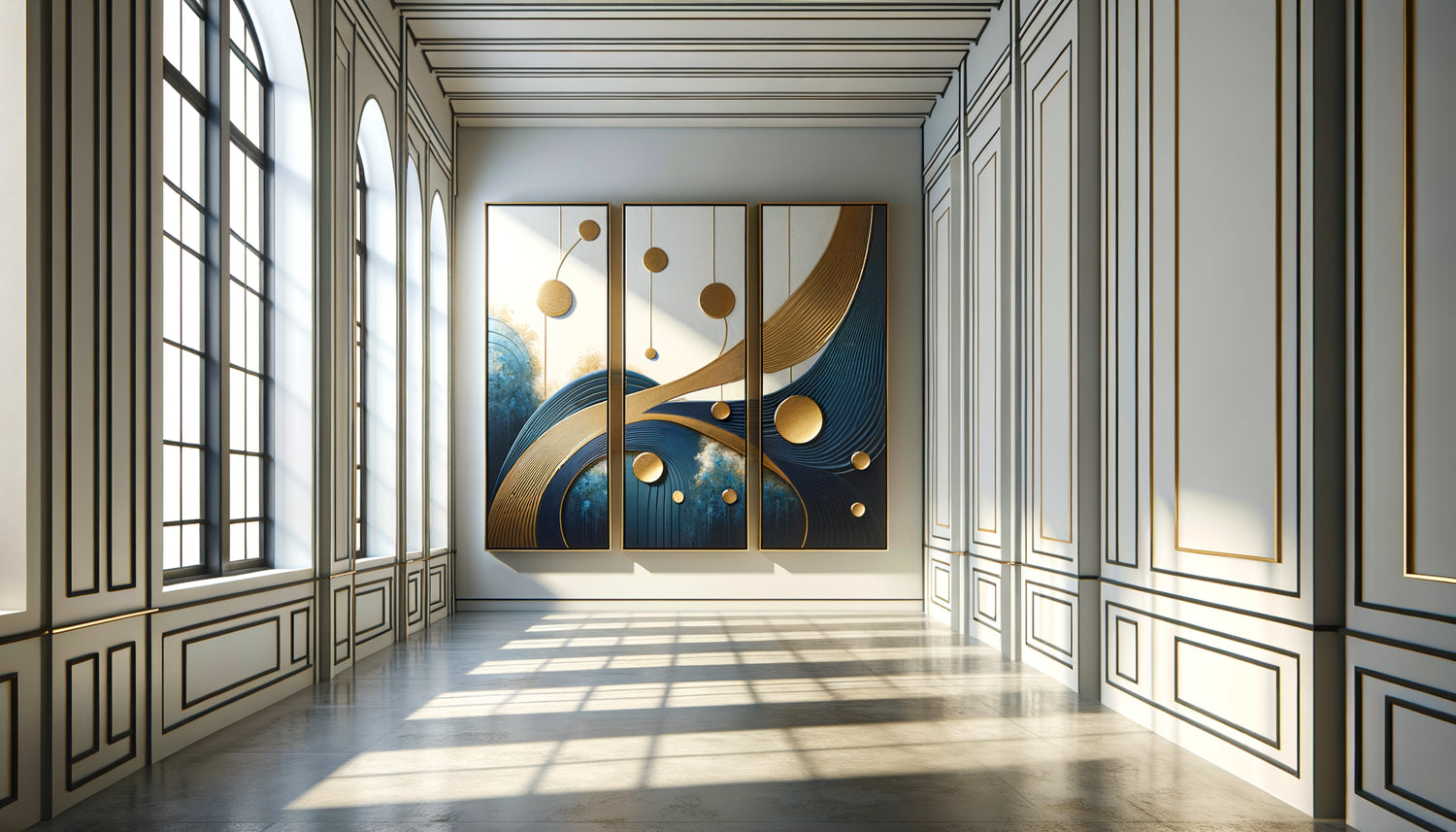 Triptyque contemporain créant un rythme visuel harmonieux sur le mur d'une longue salle élégante