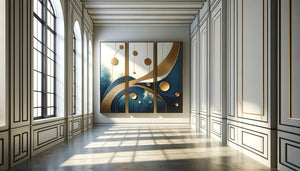 Triptyque contemporain créant un rythme visuel harmonieux sur le mur d'une longue salle élégante