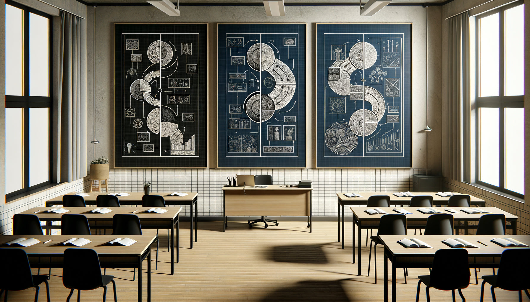 Triptyque éducatif en trois panneaux montrant une progression séquentielle d'apprentissage dans une salle de classe moderne