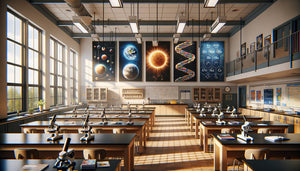 Triptyque éducatif scientifique format horizontal dans une classe de sciences moderne au collège