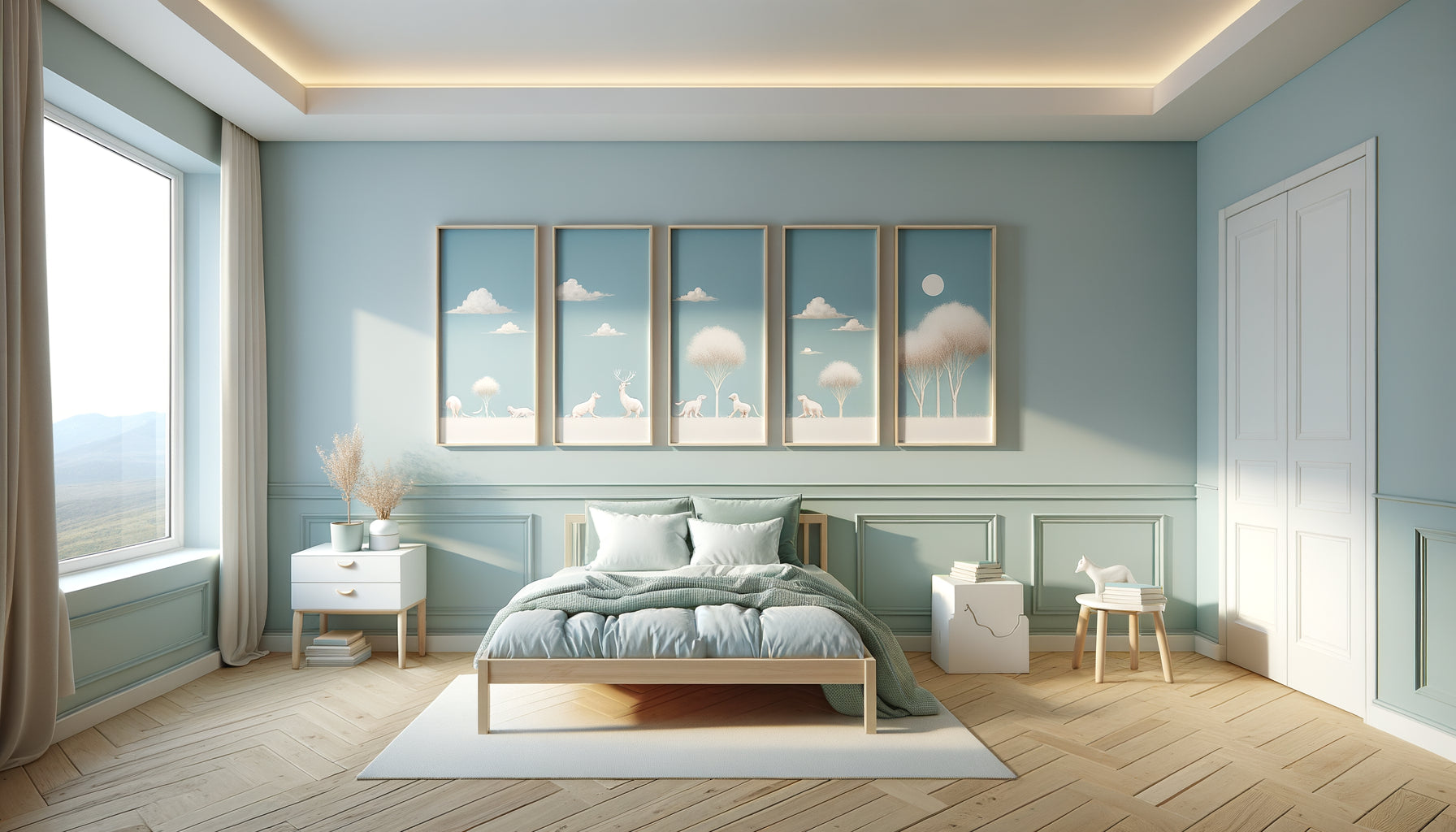 Triptyque horizontal en frise sur mur de chambre d'enfant avec espacement harmonieux entre trois cadres