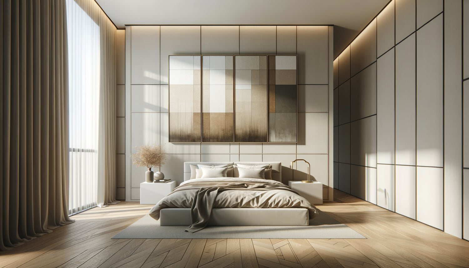 Chambre spacieuse moderne avec triptyque décoratif au-dessus du lit créant un point focal harmonieux