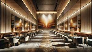 Triptyque mural contemporain installé sur long mur de restaurant moderne, décoration élégante et structurée