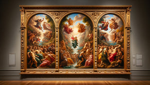 Triptyque mythologique classique avec espacement optimal de 7 cm entre les trois panneaux dorés