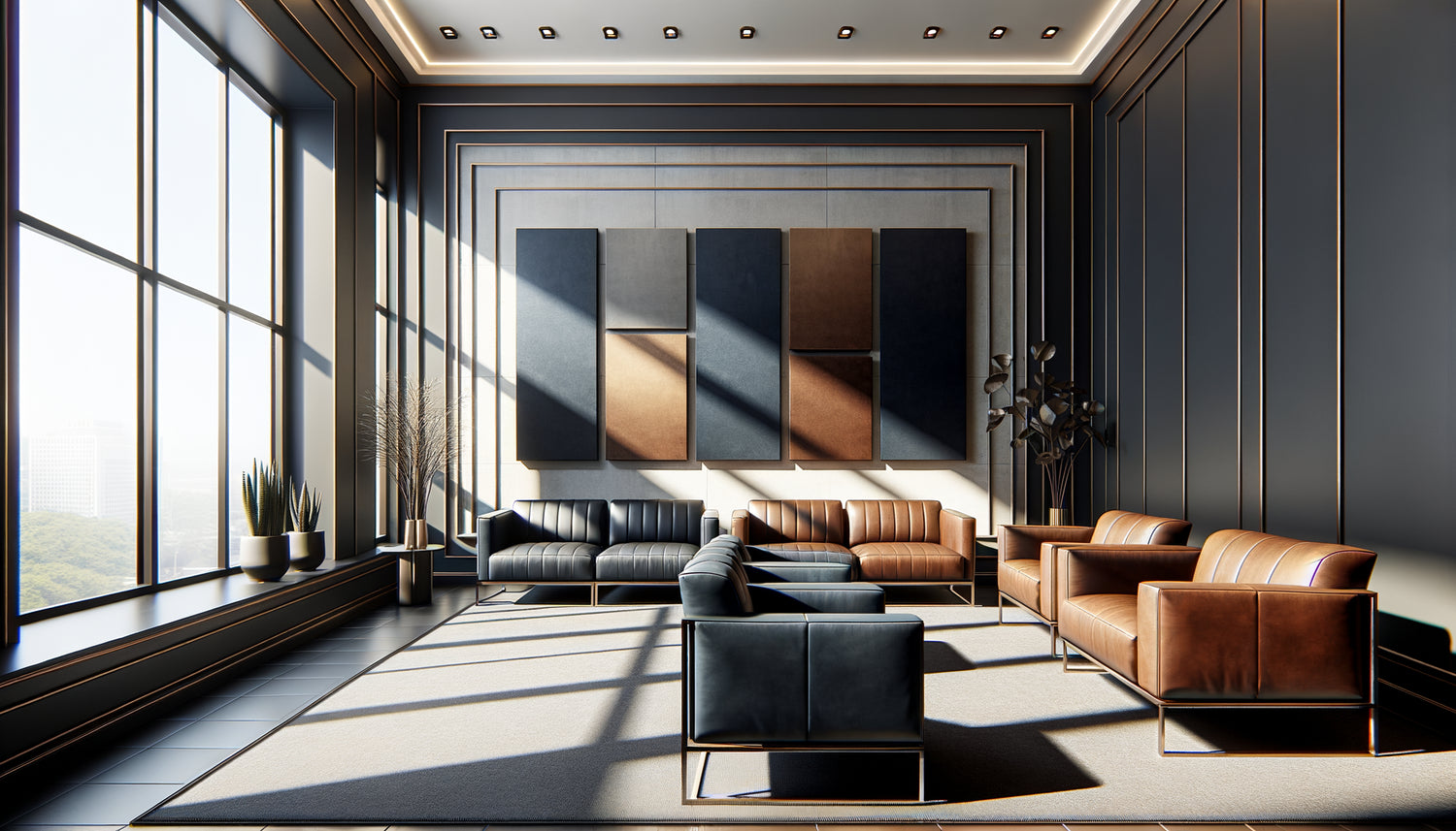 Salle d'attente juridique moderne avec triptyque abstrait sophistiqué en tons bleu marine et bronze sur grand mur