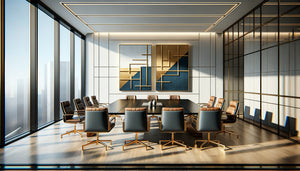 Salle de réunion professionnelle moderne avec triptyque contemporain structurant l'espace mural principal