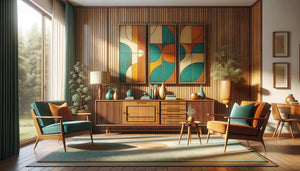 Intérieur mid-century années 1950 avec triptyque décoratif vintage en trois panneaux au design abstrait géométrique