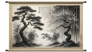 Peinture monochrome chinoise à l'encre représentant les Trois Amis de l'Hiver : pin, bambou et prunier sur papier de riz