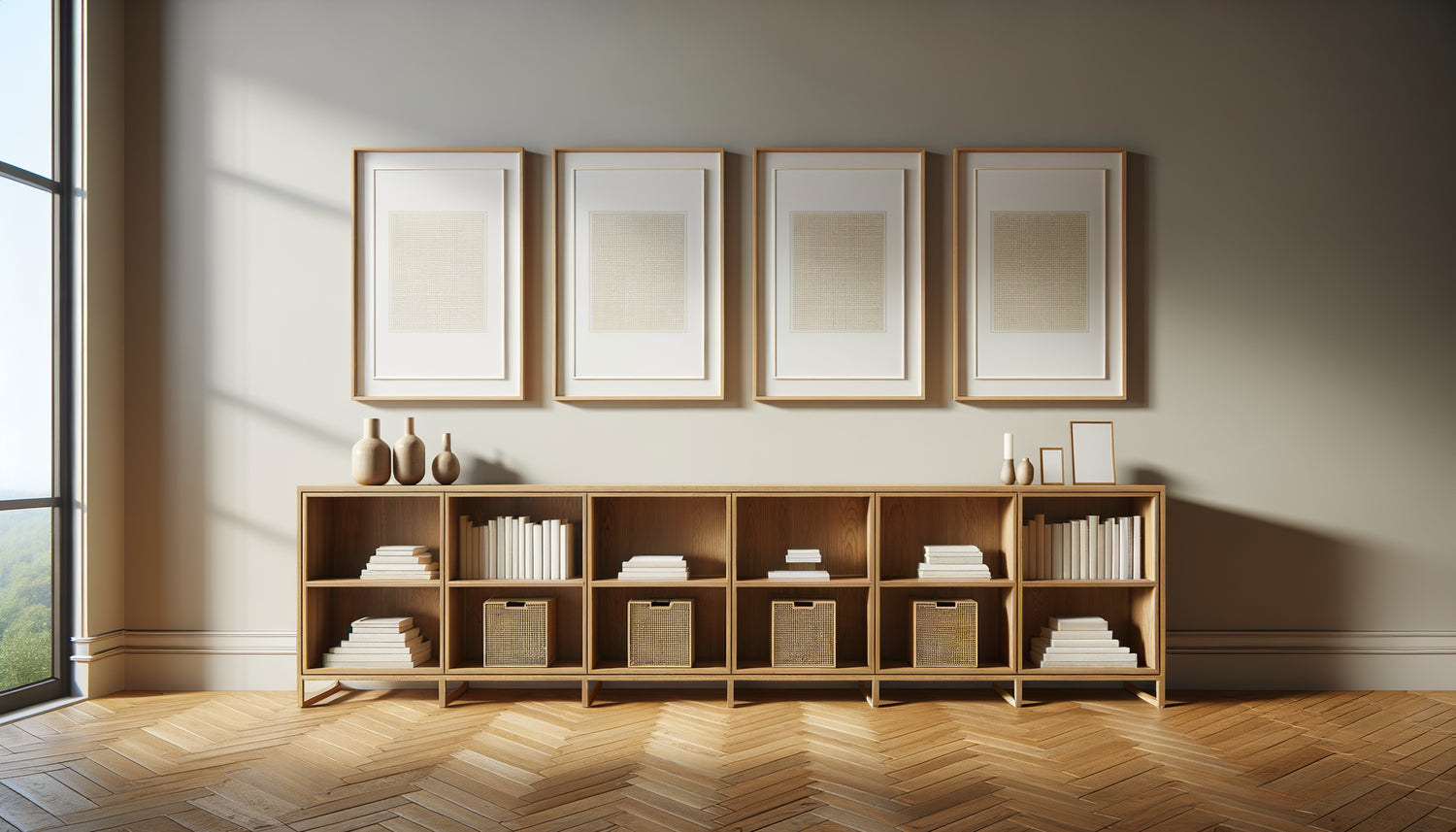 Trois tableaux moyens espacés harmonieusement au-dessus d'une bibliothèque longue, disposition équilibrée et symétrique, intérieur contemporain