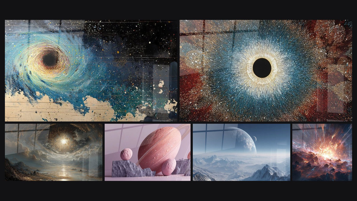 Mosaïque de six tableaux, dont Trou noir cosmique, Galaxie spirale cosmique et Planète rose avec anneaux