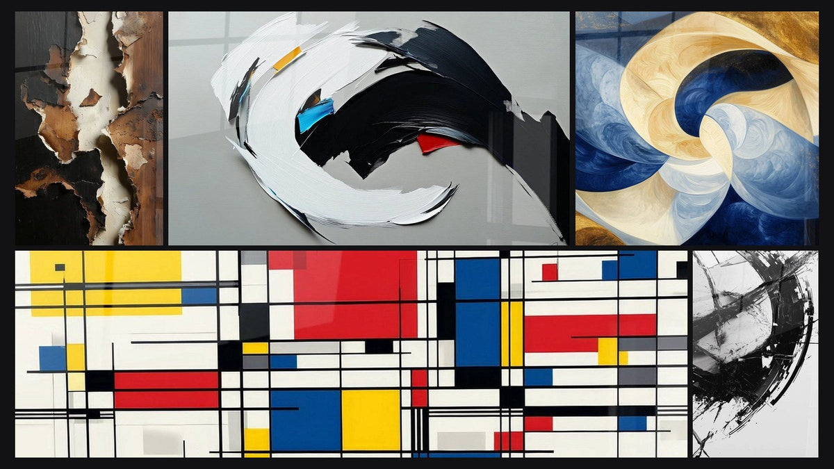 Mosaico de cinco cuadros, entre ellos Composición geométrica, Abstracto dinámico y Aliento Divino Blanco