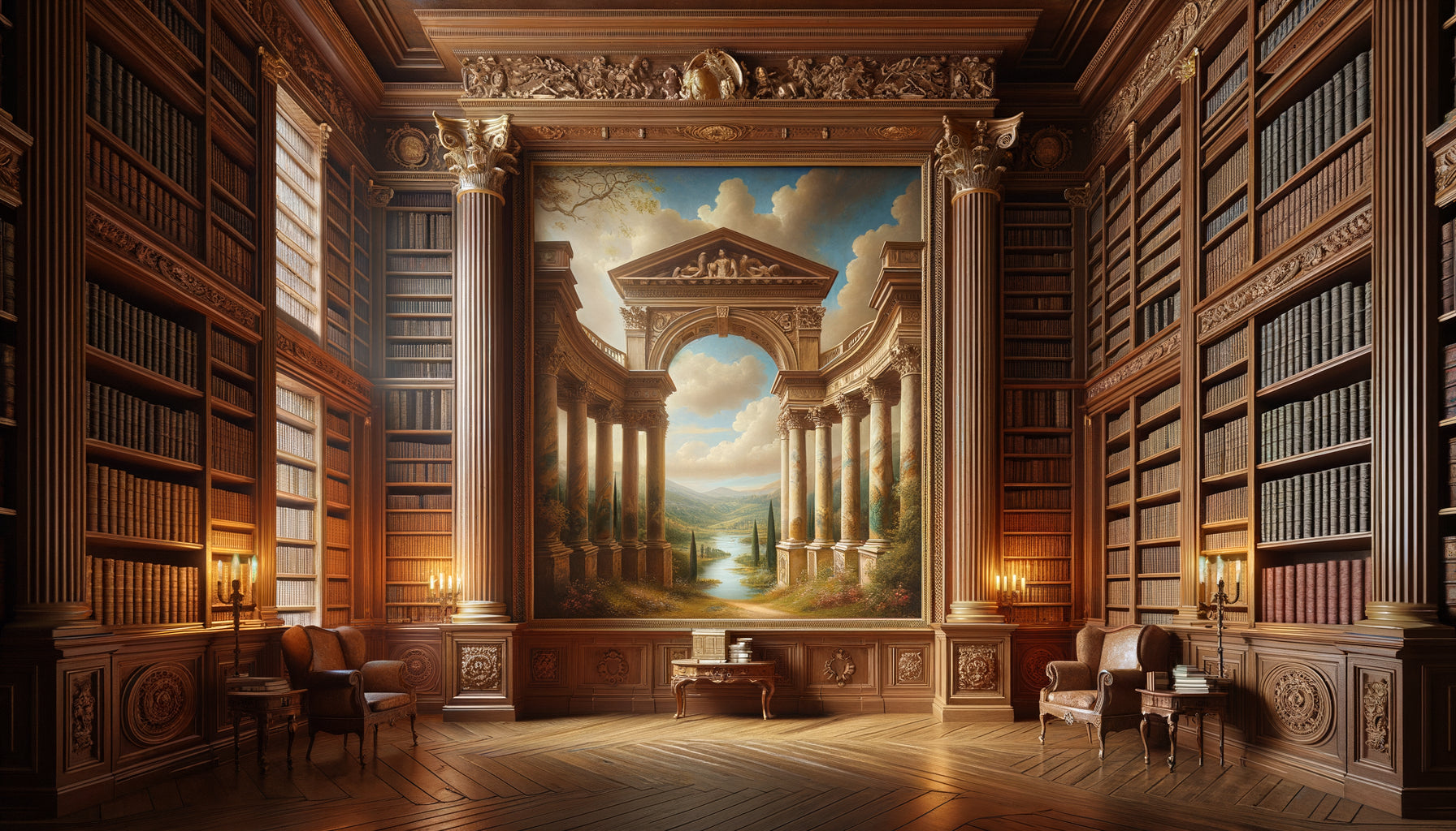 Bibliothèque aristocratique anglaise du XVIIIe siècle avec paysage arcadien en trompe-l'œil entre les étagères, style néoclassique géorgien