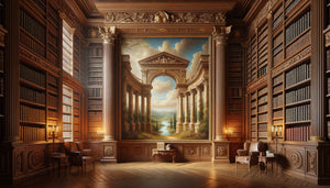 Bibliothèque aristocratique anglaise du XVIIIe siècle avec paysage arcadien en trompe-l'œil entre les étagères, style néoclassique géorgien