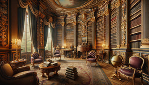 Bibliothèque privée du XVIIIe siècle avec trompe-l'œil de rayonnages de livres peints sur les murs, style rococo