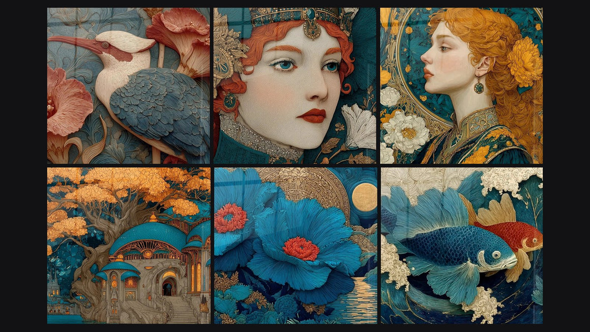 Mosaico di sei quadri, tra cui Martin pescatore Sinfonia Floreale, Donna incoronata Grazia Preziosa e Donna Rossa Dorata