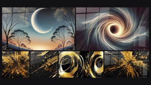 Mosaïque de six tableaux, dont Douceur Astrale, Vortex Stellaire et Explosion dorée radiale sur fond sombre