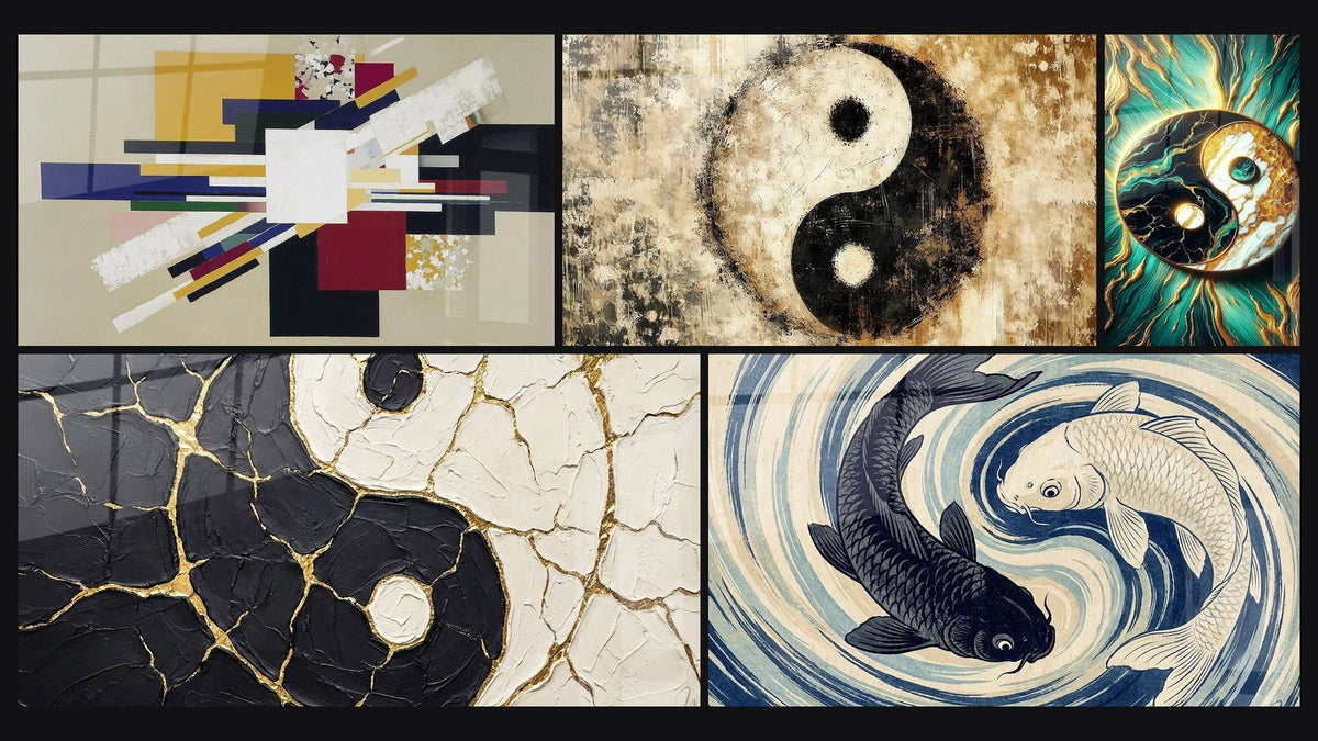 Mosaïque de cinq tableaux, dont Composition Géométrique Tension Créative, Fusion des Énergies et Équilibre