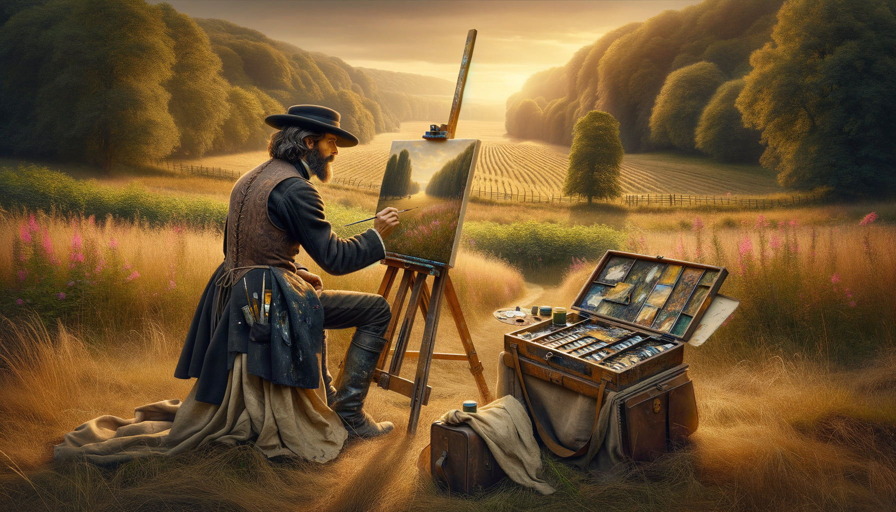 Peintre du 19ème siècle travaillant en plein air avec tubes de peinture portables, époque 1850, pratique pré-impressionniste