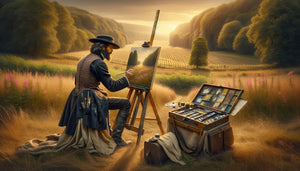 Peintre du 19ème siècle travaillant en plein air avec tubes de peinture portables, époque 1850, pratique pré-impressionniste