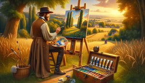 Peintre impressionniste du 19ème siècle travaillant en plein air avec tubes de peinture et chevalet portable