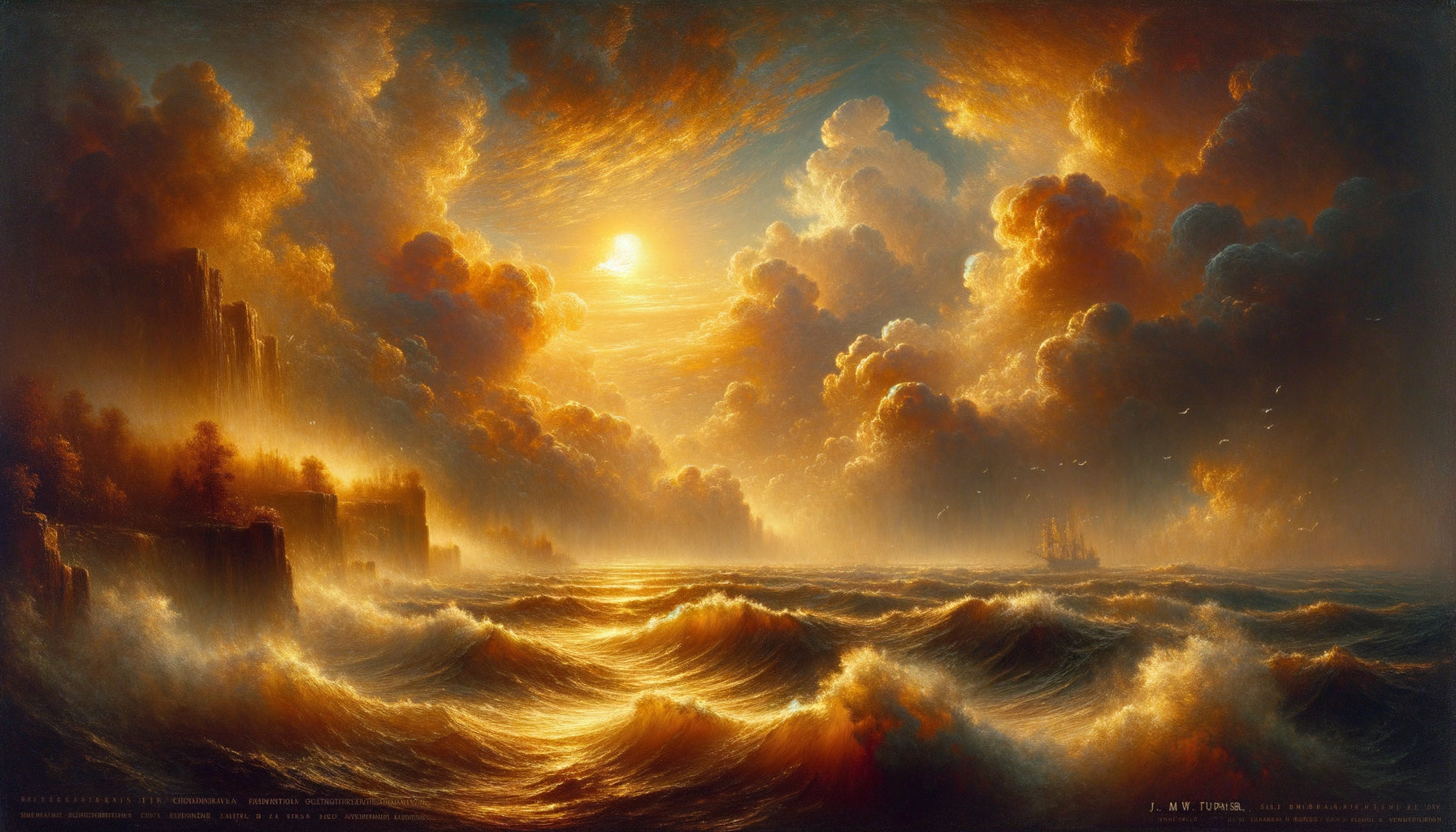Peinture de Turner en gros plan, coucher de soleil doré sur mer brumeuse, contrastes lumineux intenses, style romantique britannique