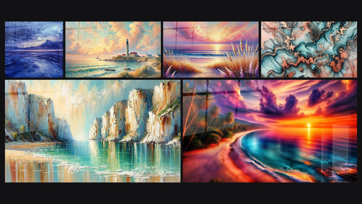 Mosaic of six paintings, including Calm Storm, Dawn Over the Lighthouse and Beauty of Evening
