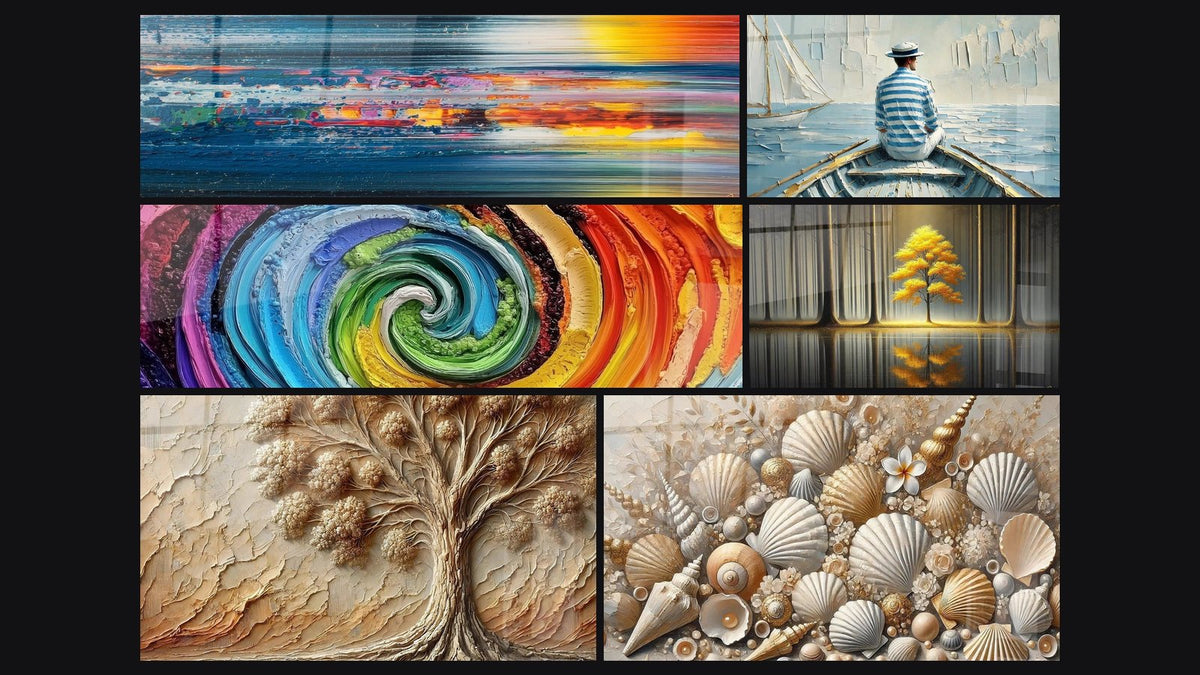 Mosaic of six paintings, including Abstract landscape, Multicolor spiral and Ancient Tree
