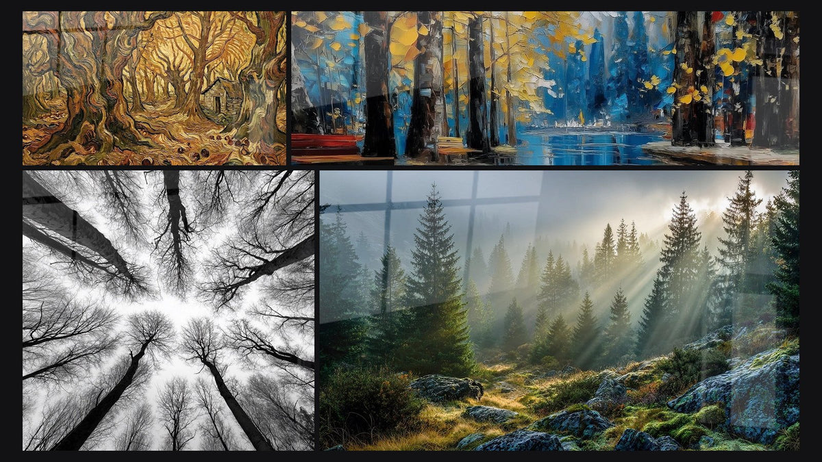 Mosaik aus vier Gemälden, darunter Verzauberte Wald, Waldbild Draufsicht und Neblige Wald Sonnenstrahlen