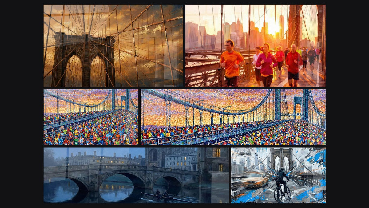 Mosaico di sei quadri, tra cui Corridori al Tramonto su Ponte Urbano