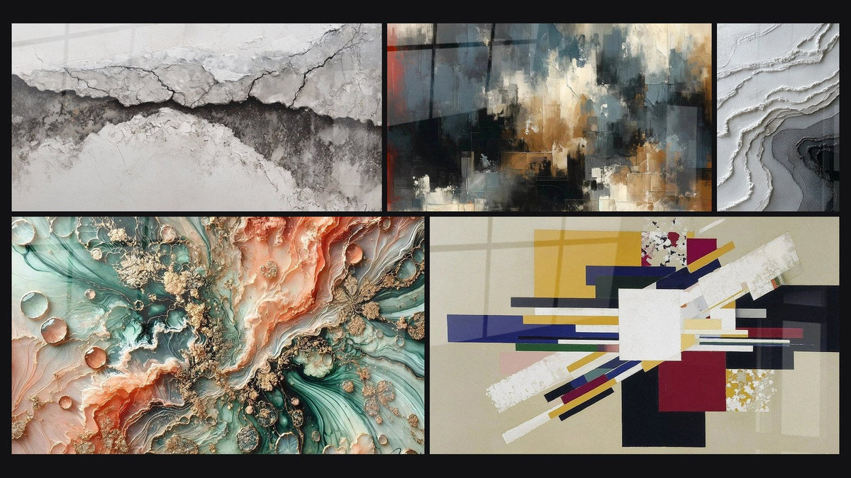 Mosaico de cinco cuadros, entre ellos Sueño Coralino, Caos Organizado y Composición Geométrica Tensión Creativa