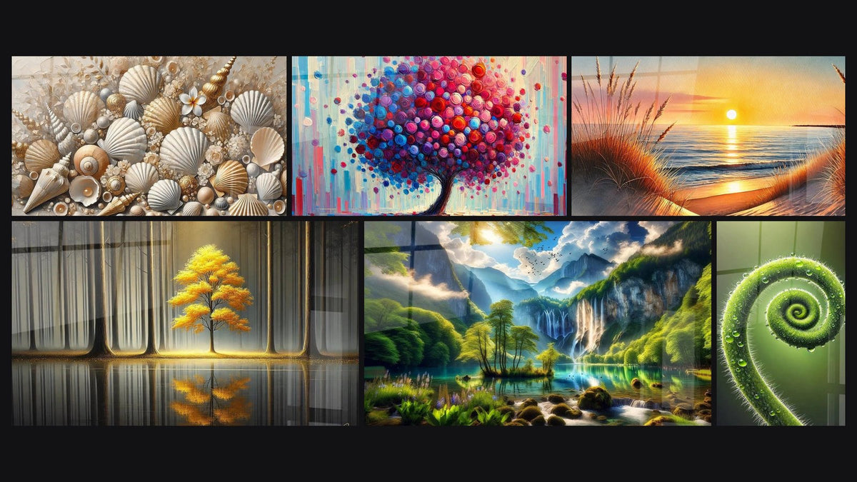Mosaic of six paintings, including Jewels of the Sands, Eternal Tranquility and Joy Tree