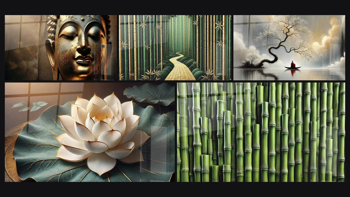 Mosaic of five paintings, including Golden Silence, Sacred Purity and Nature Lines