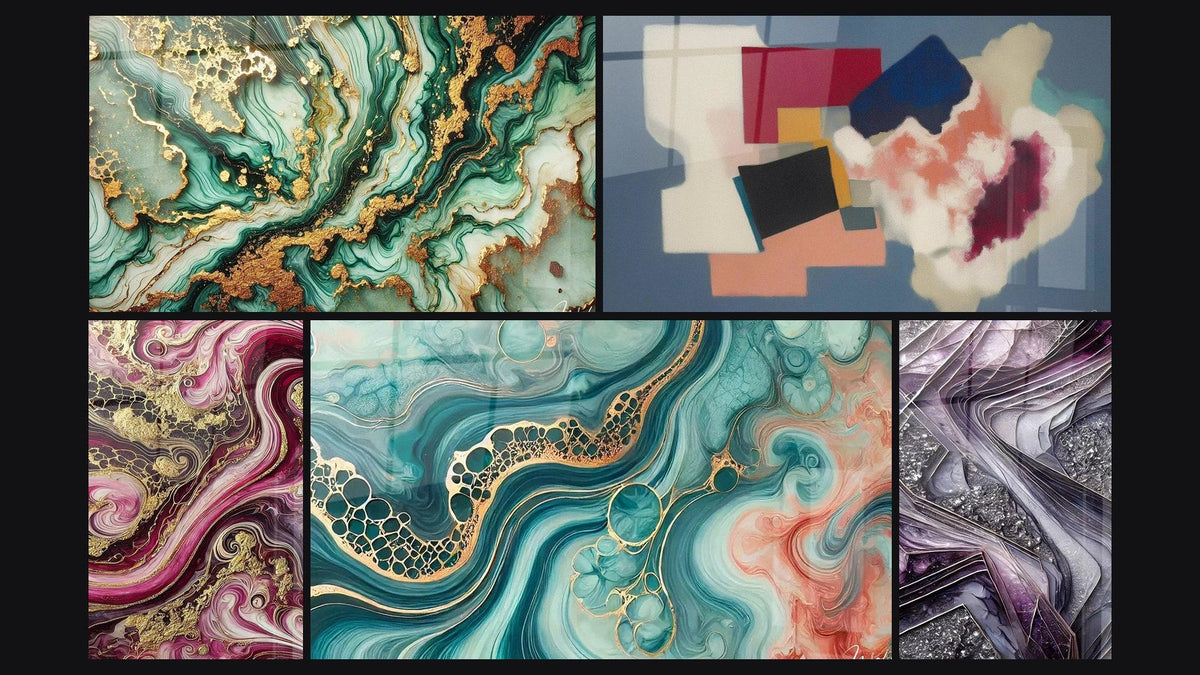 Mosaico di cinque quadri, tra cui Venature Mistiche, Fiamme Porpora e Marea di Acquerello